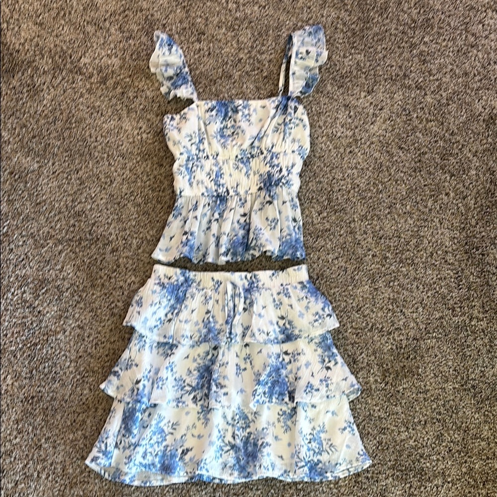 Teen aged Floral Blue and White top and skirt